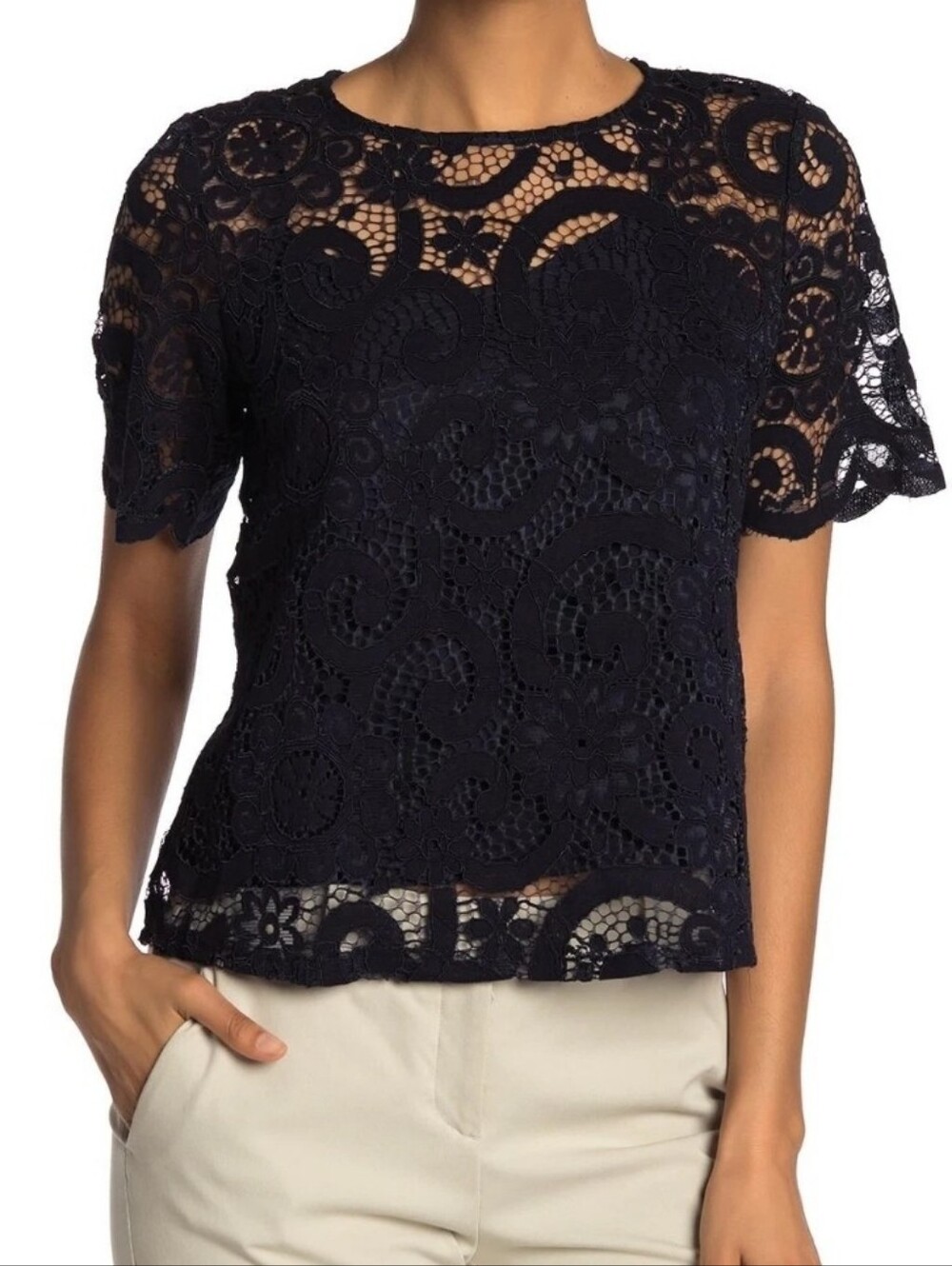 Nanette Lepore Black Short Sleeve Lace Illusion Tie Bow Top Blouse Sheer XS